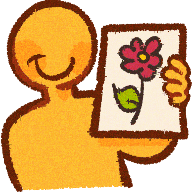  a yellow person smiling , holding a paper with a flower drawn in it .